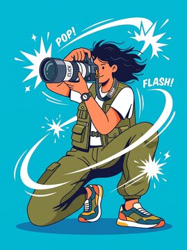 Vibrant comic-style illustration of a professional female photographer wearing a tactical vest and cargo pants kneeling to capture a photo with a DSLR camera and telephoto lens on a blue background.