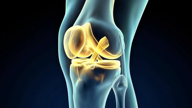 3D medical animation of the human knee joint showing the femur, tibia, and patella with glowing ligaments and tendons on a dark background