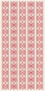 Tall repeating strips feature red diamonds, botanical symbols, and intricate linework on white, offering a refined folk textile aesthetic for borders, fabric, and cultural layouts.