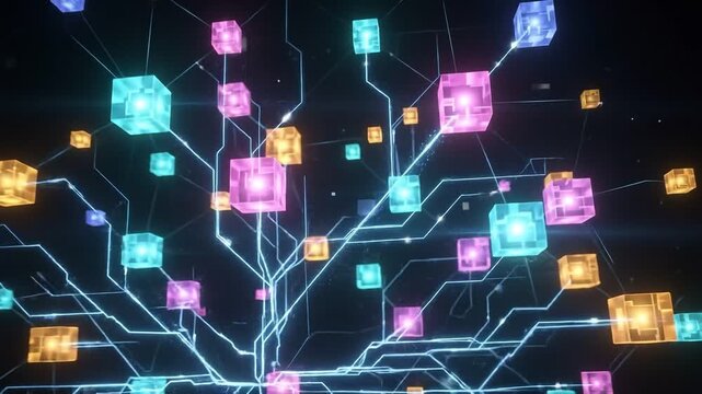 Abstract digital network animation featuring glowing colorful cubes connected by glowing circuit lines representing high-speed data transfer and technology