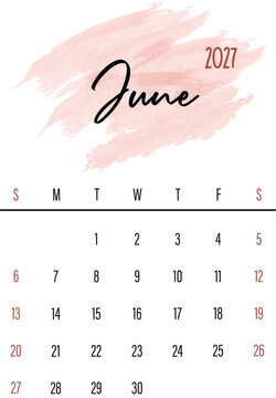 June 2027 Monthly Calendar design with Watercolor Splash