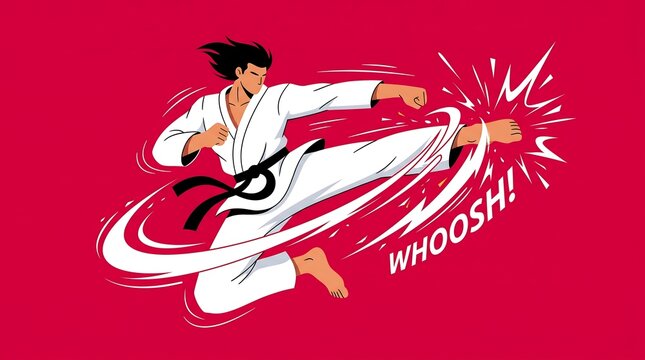Dynamic martial arts illustration of a male fighter in a white gi and black belt performing a powerful flying kick with comic style motion lines and onomatopoeia text on a vibrant red background