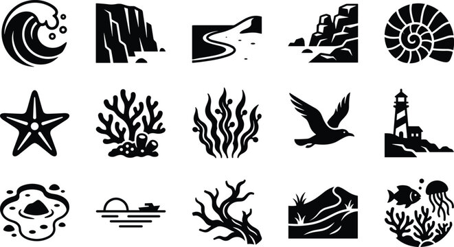 Set of black and white nautical and ocean themed vector icons featuring sea life and coastal landscapes