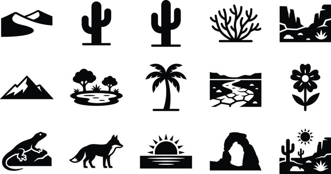 Set of black desert nature icons featuring landscapes plants and animals