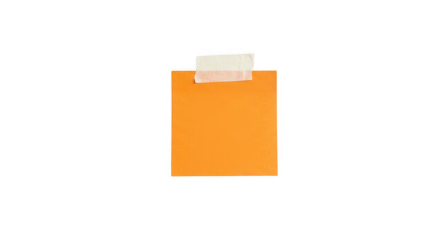 Square orange adhesive memo note, single blank paper sheet attached with white masking tape strip, sticky reminder pad for office organization, isolated on transparent background