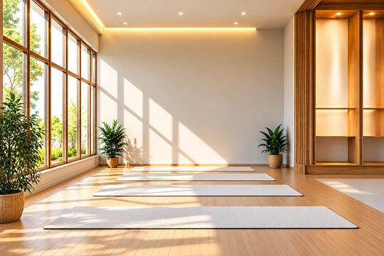 Serene and bright yoga studio with large windows and plants creating a peaceful atmosphere for wellness activities