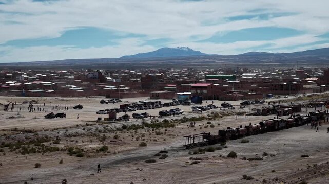 Aerial drone footage of Uyuni Train Cemetery, Bolivia, 4k footage 