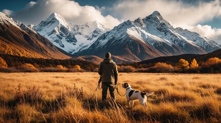 Obraz premium Man and dog stand in tall dry grass field before massive snow-capped mountains. Autumn colors fill the valley landscape setting perfect outdoor adventure moment.
