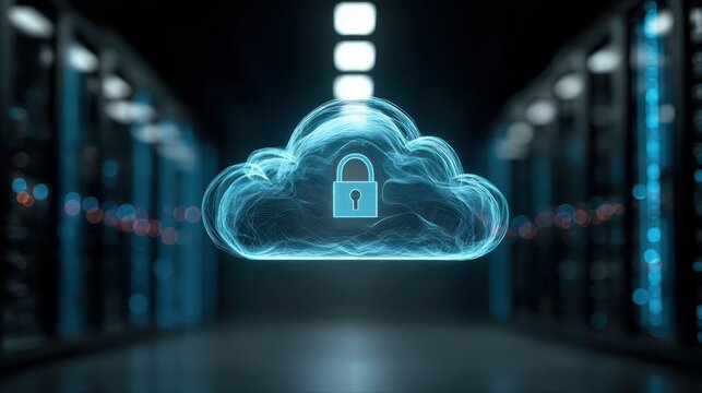 Cloud computing security and data protection concept with glowing neon padlock and digital cloud network in a server room (클라우드 보안 및 데이터 보호)