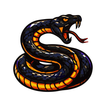 Aggressive black and orange snake mascot illustration with fangs and coiled body.