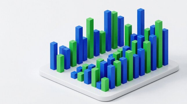 3D isometric bar chart with blue, green columns on white platform. Financial data visualization shows growth, statistics in business report. Modern infographic design for marketing analysis, economy