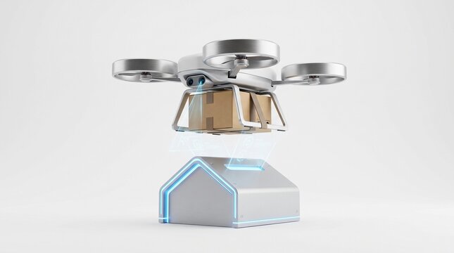Delivery drone carrying a cardboard package above a landing station, futuristic autonomous shipping technology for ecommerce logistics, contactless parcel delivery and smart transport
