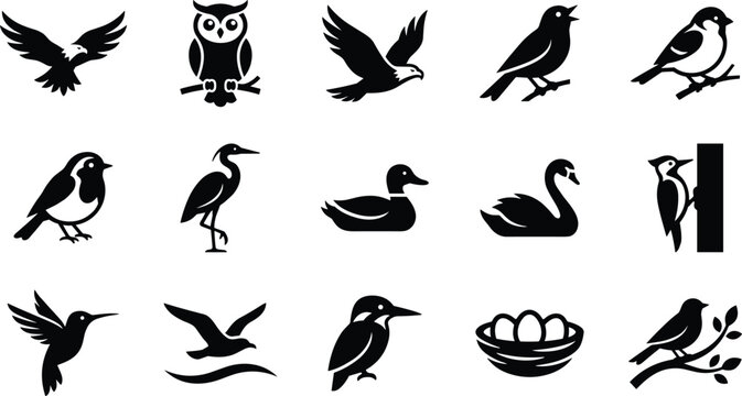 Set of black silhouette bird icons isolated on a white background