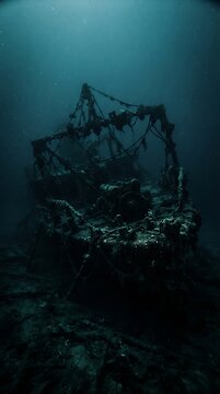 Sunken shipwreck resting on the dark ocean floor underwater with sunken ship