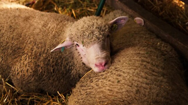 Woolly sheep resting in hay in a cozy barn close-up portrait of farm livestock, 4K
