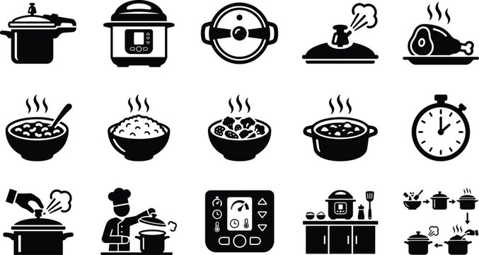 Set of black silhouette cooking and pressure cooker icons for kitchen design