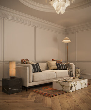 Sophisticated living room with a cream sofa, marble coffee table, decorative wall paneling, warm lighting and natural wood flooring.