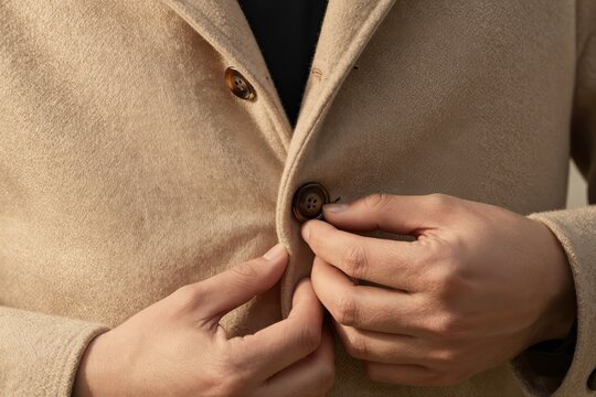 Captures Close Of Persons Torso Hands As Fasten Button On Beige Coat To Made Soft Textured Fabric Wool Blend With Slightly Frayed Edge