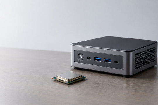 Mini PC with computer chip on desk, technology and compact computing concept