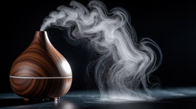 Elegant wood grain essential oil diffuser emits fine white mist. Modern aromatherapy device releases aromatic steam against dark background. Stylish humidifier creates relaxing atmosphere for home