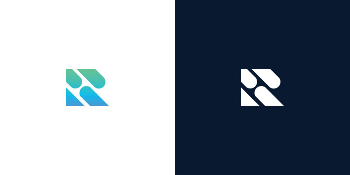 Abstract letter R logo design with gradient and solid color variations on white and dark backgrounds