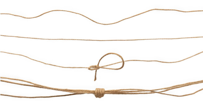 Various thin strings and ropes with knots arranged horizontally isolated on transparent background. Useful for graphic design projects and craft concepts.