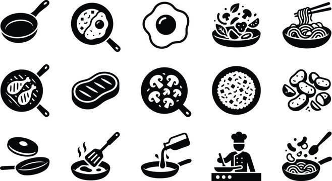 Set of food preparation icons featuring kitchen pans and cooking ingredients