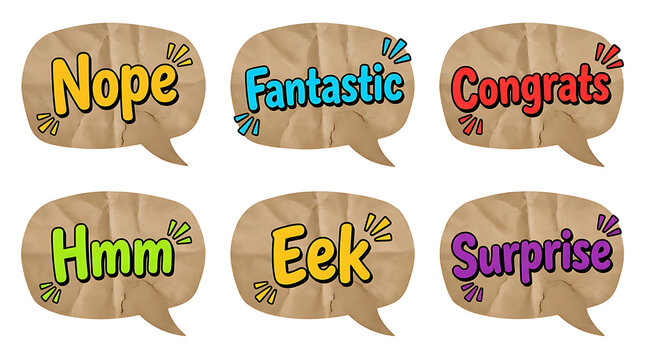 Crumpled paper speech bubbles with words isolated on transparent background