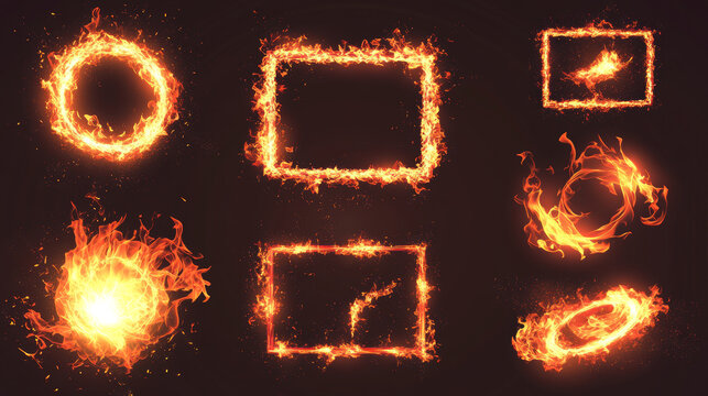 Ring fire flame, burning different shapes frames. Vector realistic mockup with ignited circle, square and rectangle borders, bright fiery banners isolated on transparent background