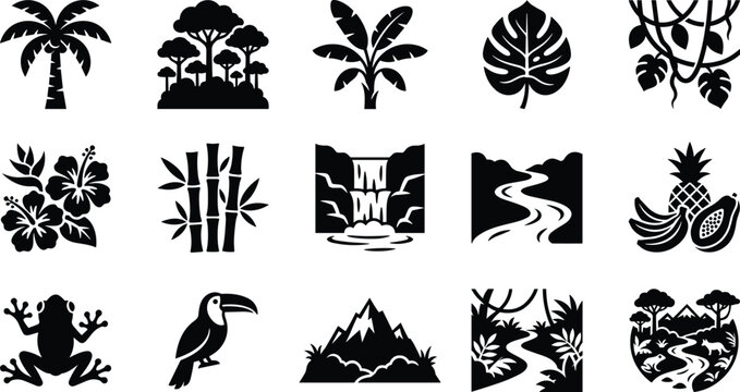 Set of tropical nature icons featuring rainforest animals plants and landscapes