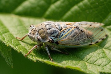 Fototapeta premium Closeup of American cicada insect sitting on green leaf. Detailed macro shot shows wings, eyes, body texture. Large bug rests in nature during summer. Natural wildlife photography of cicada on