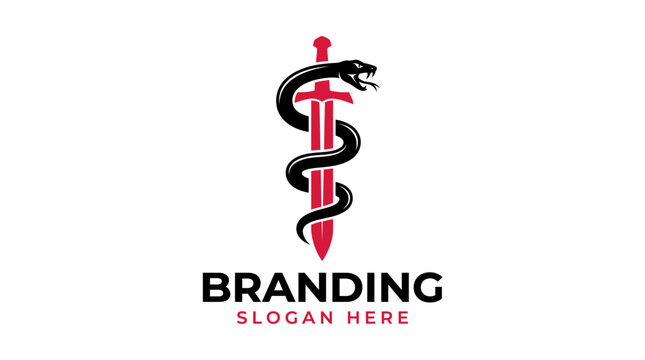 Minimal medical branding logo featuring stylized rod and serpent symbol.