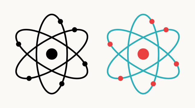 Minimal atom icon set featuring orbital electron paths, central nuclei, monochrome black, turquoise blue, red accents, clean white background design.