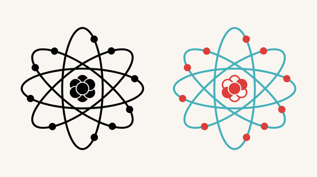 Minimal atom icon set featuring orbital electron paths, central nuclei, monochrome black, turquoise blue, red accents, clean white background design.