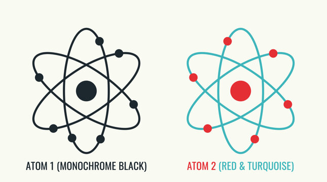 Minimal atom icon set featuring orbital electron paths, central nuclei, monochrome black, turquoise blue, red accents, clean white background design.