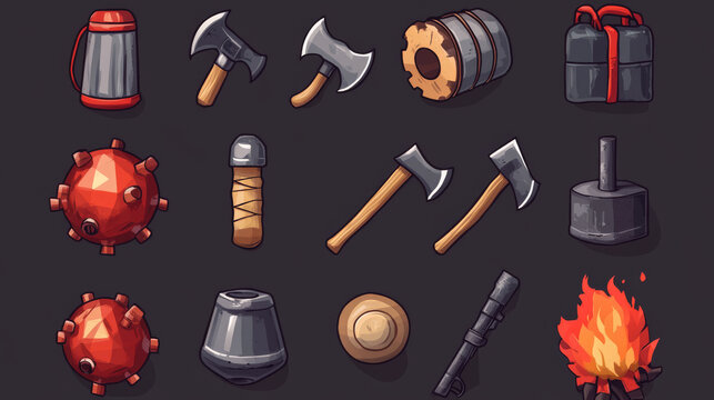 Game props icons of bomb, dynamite, grenade and old axe. Game ui elements of weapons, military armory with tnt, bomb with rope fuse and metal ax, vector cartoon set