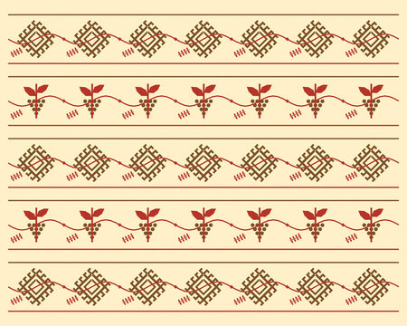 Alternating rows of stylized brown geometric emblems and red botanical sprigs create a balanced traditional textile border with a warm handcrafted folk aesthetic.