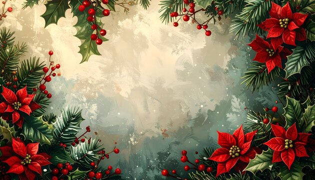 Marco navide&ntilde;o con flores de Pascua, ramas de abeto y bayas rojas