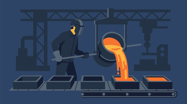 Factory worker managing a steady pour of molten orange metal