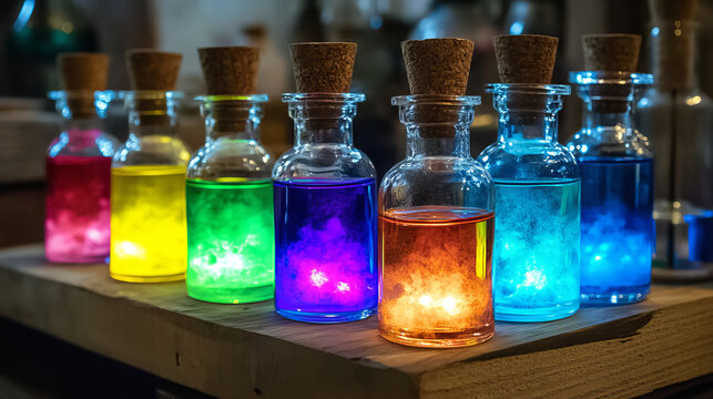 Potion bottles with magic elixir, cartoon glass flasks with colorful glowing liquid and corkwood or crystal plugs. Witch poison gui or ui game assets, alchemist apothecary vials, Vector icons set