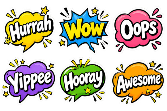 Colorful comic speech bubbles with text isolated on transparent background