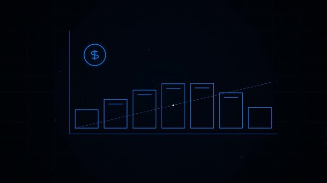 Neon blue glowing business bar chart with dollar sign showing financial growth concept and market analysis on a dark digital background