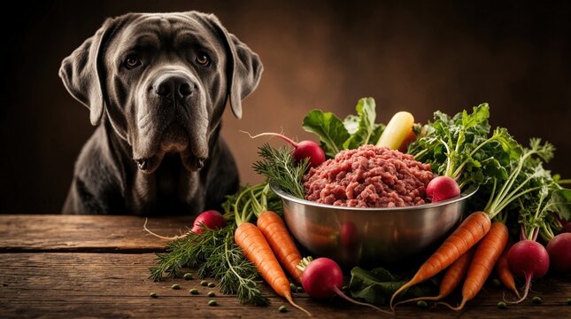 Large grey dog sits behind bowl of raw meat, fresh vegetables on rustic wood table. Canine looks at camera near beef mince, carrots, radishes, greens. Healthy pet food diet with organic ingredients
