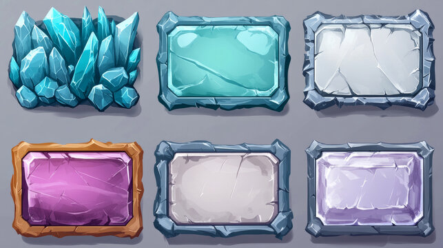Ice and stone game ui button frame block cartoon vector. Frozen panel board symbol for app interface. Crystal, metal and concrete isolated menu element for rectangle title gui sign in medieval rpg