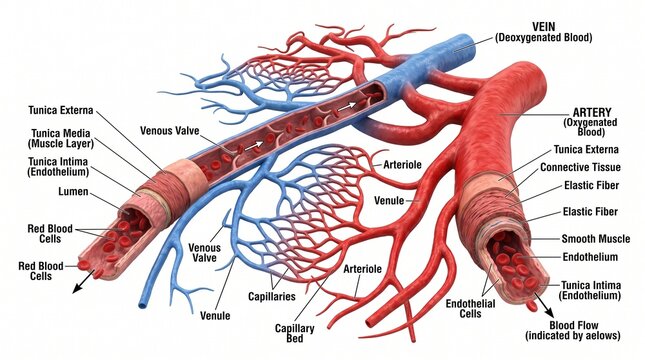Microscopic Structure of Human Artery and Vein with Capillaries