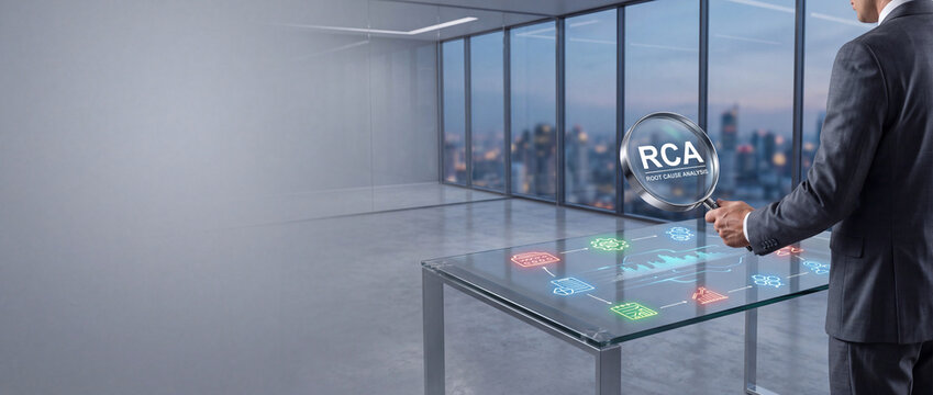 Businessman in a professional suit using a magnifying glass to conduct a thorough Root Cause Analysis (RCA) on a futuristic digital glass table with data icons in a modern corporate office.