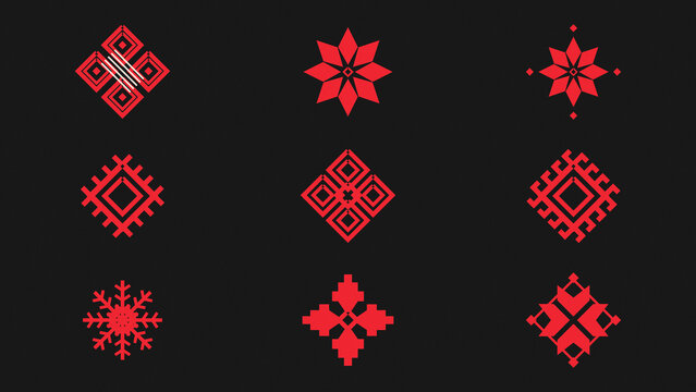 A striking set of crimson geometric emblems displays floral stars, woven diamonds, and snowflake forms on deep black, suited to modern branding, textiles, and cultural graphics.