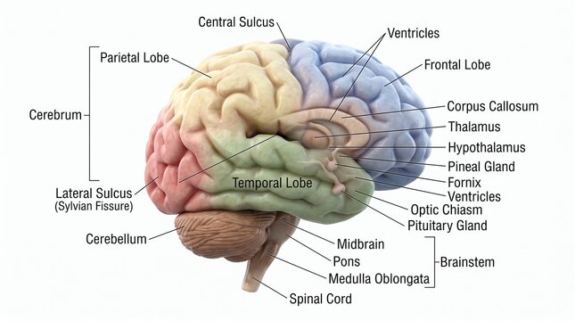 Detailed Lateral View of the Human Brain Anatomy and Lobes