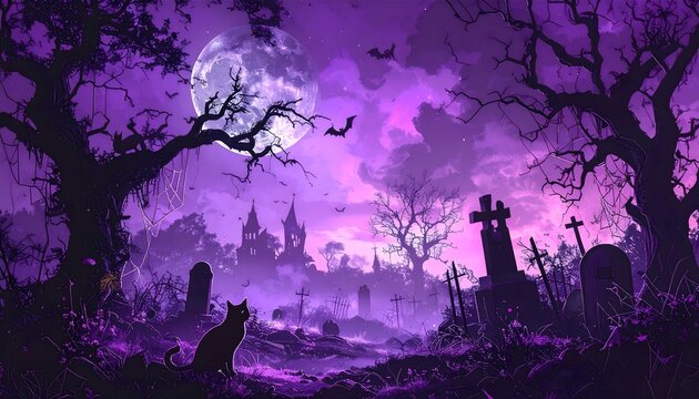Cementerio nocturno con luna llena y &aacute;rboles retorcidos