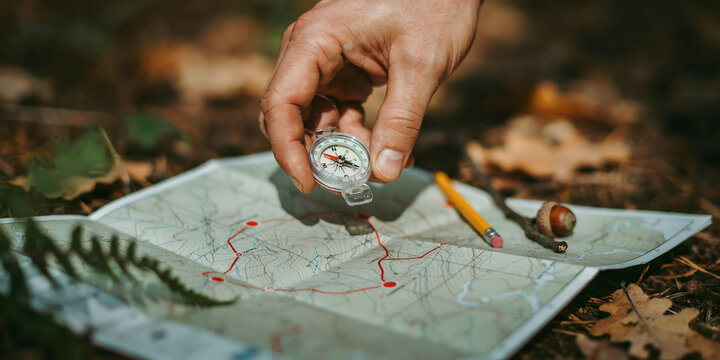 A person using a compass to navigate on a map in the forest, with a pencil and an acorn nearby on the ground covered in autumn foliage